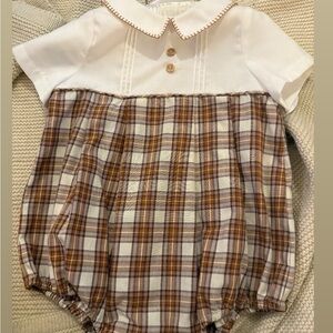 Edgehill Collection White and Brown Plaid Baby One-Piece